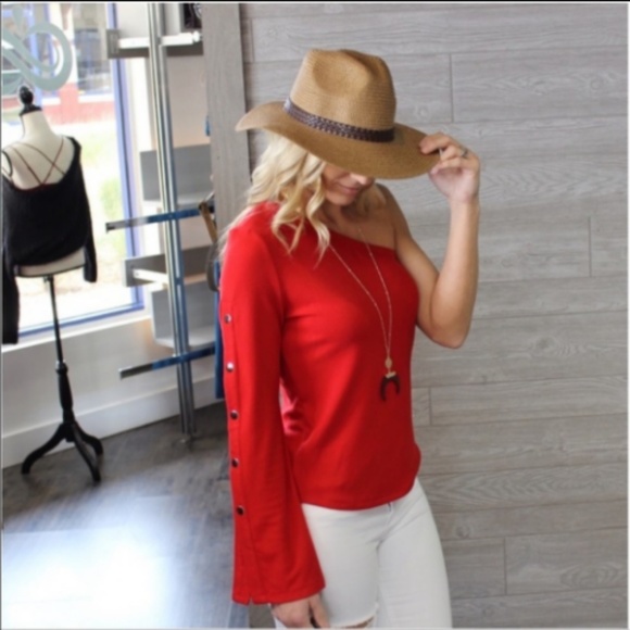 RED ONE SHOULDER TOP SNAP DETAIL SLEEVED - Picture 2 of 3